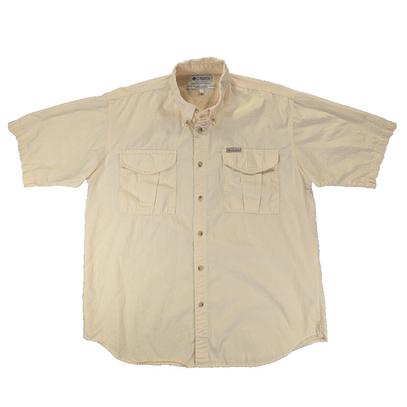 Columbia Shirt Men's Large Button Down Short Sleeve Pockets Yellow 100% Cotton - Picture 1 of 7